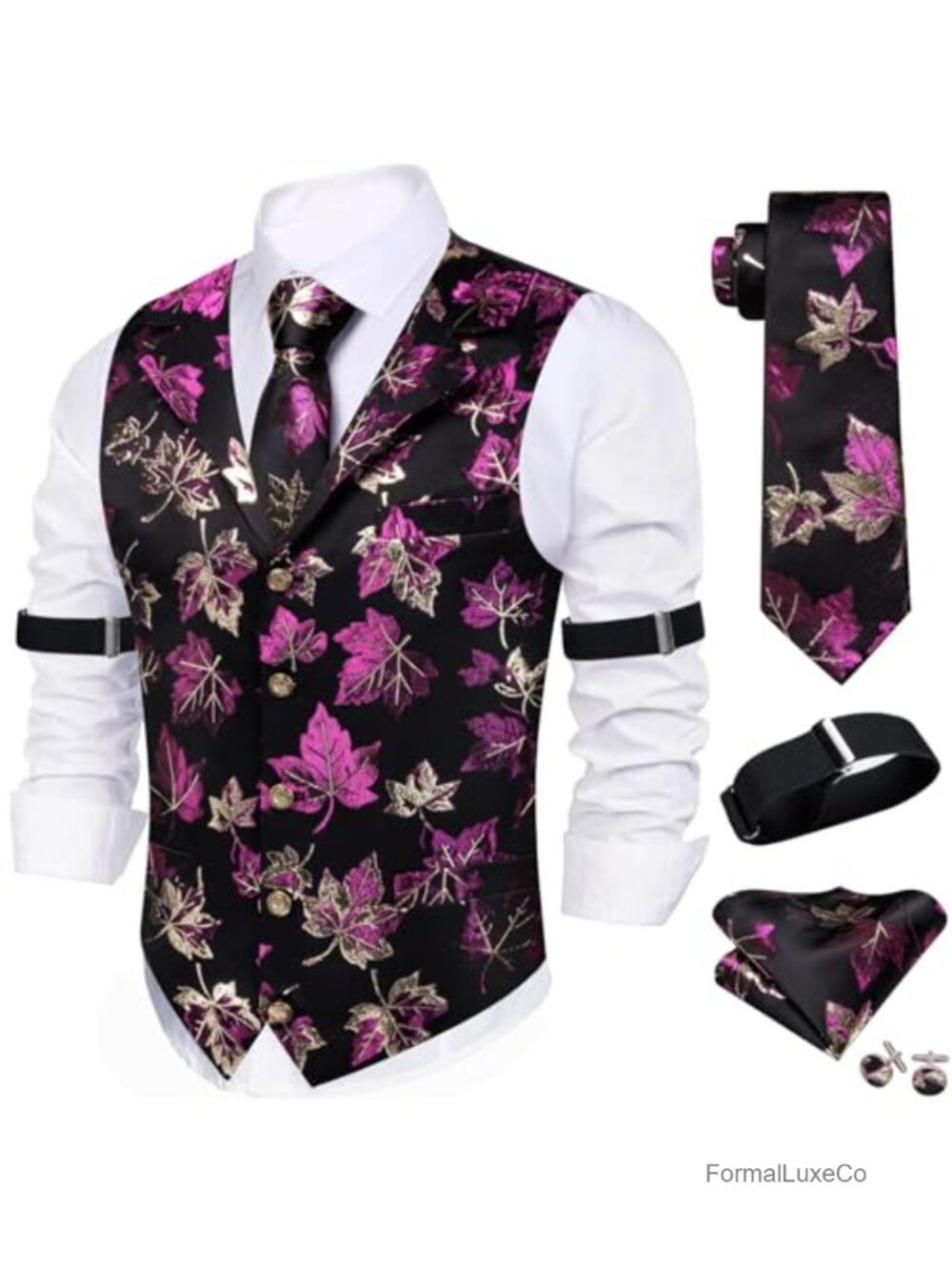 Mens Silk Formal Jacquard Leaf Vest Tie Set Sleeve Holder Suit